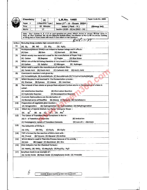 Chemistry 12th Class Past Paper 2024 — Bahawalpur Board cover