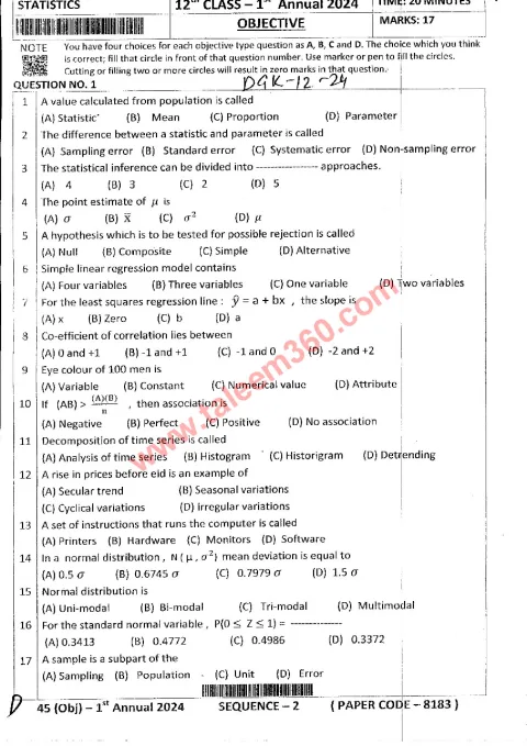 Statistics 12th Class Past Paper 2024 — DG Khan Board cover