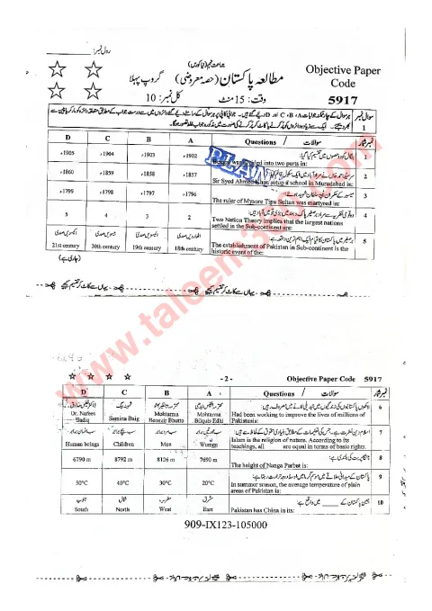 Pakistan Studies 9th Class Past Paper 2023 — Faisalabad Board (Group 1 & 2) cover