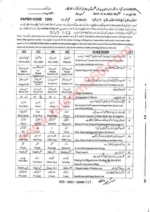 Islamiat (Elective) 9th Class Past Paper 2023 — Sargodha Board (Group 1 & 2) cover