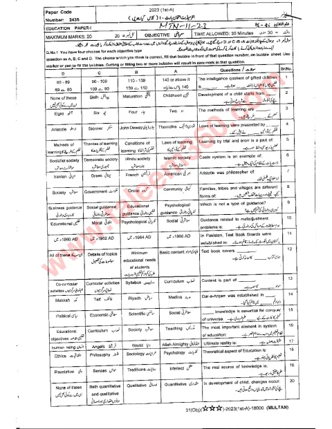 Education 11th Class Past Paper 2023 — Multan Board cover