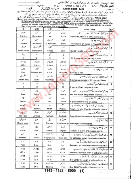 Health and Physical Education 11th Class Past Paper 2023 — Sargodha Board cover