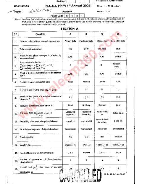 Statistics 11th Class Past Paper 2023 — Sahiwal Board cover