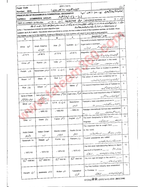 Commercial Geography 12th Class Past Paper 2023 — Multan Board cover