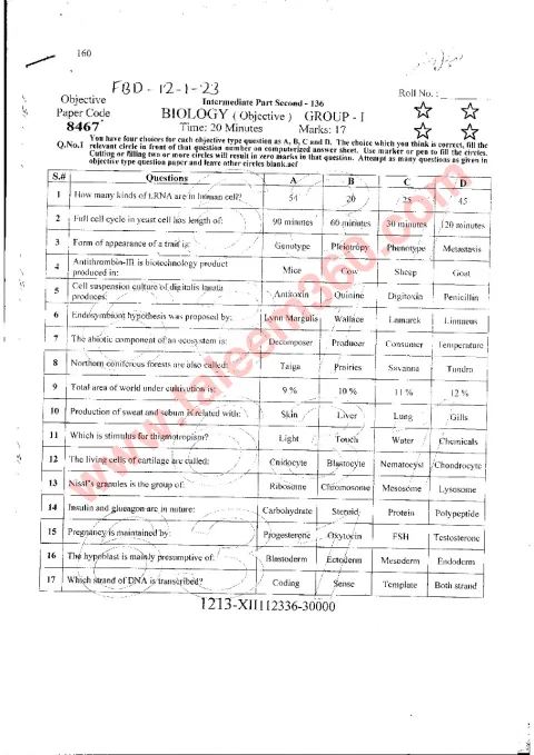 Biology 12th Class Past Paper 2023 — Faisalabad Board cover