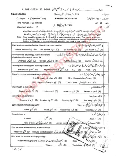 Psychology 12th Class Past Paper 2023 — Lahore Board cover