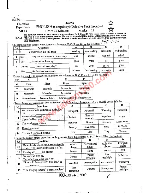 English 9th Class Past Paper 2024 — Faisalabad Board cover