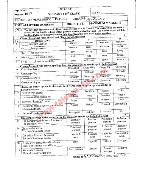 English 9th Class Past Paper 2024 — Multan Board cover