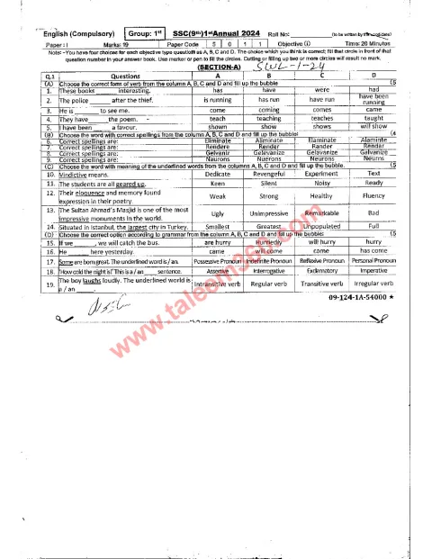 English 9th Class Past Paper 2024 — Sahiwal Board cover