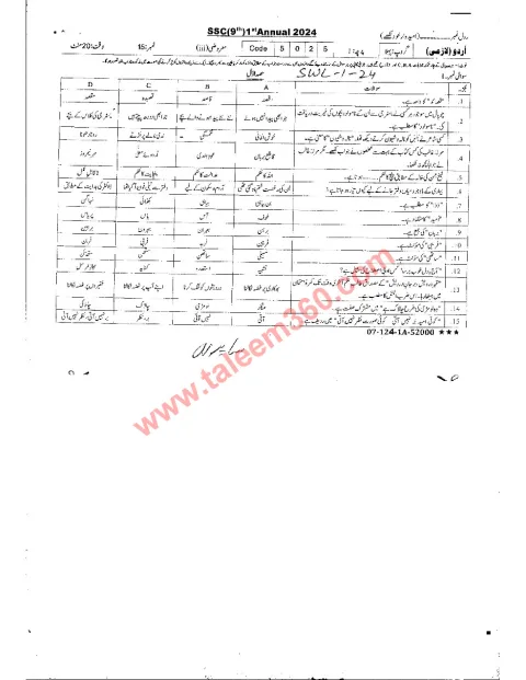 Urdu 9th Class Past Paper 2024 — Sahiwal Board cover