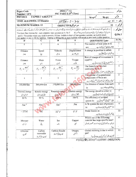 Physics 9th Class Past Paper 2024 — Multan Board cover