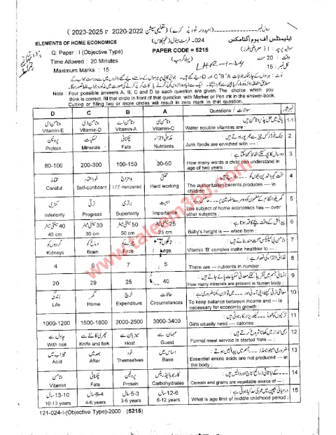 Home Economics 9th Class Past Paper 2024 — Lahore Board cover