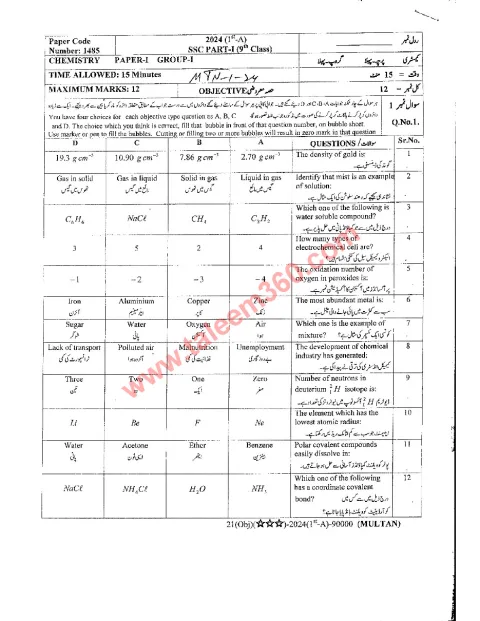 Chemistry 9th Class Past Paper 2024 — Multan Board cover