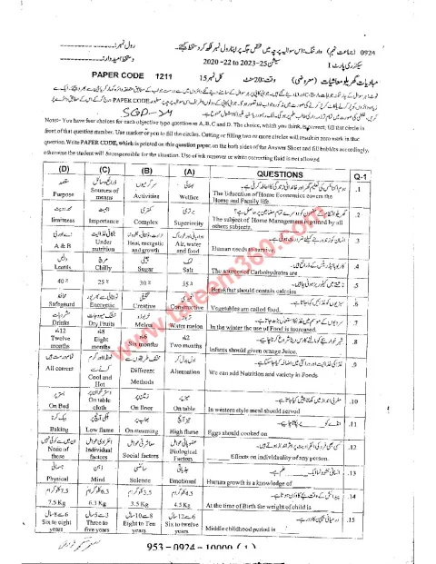 Home Economics 9th Class Past Paper 2024 — Sargodha Board cover