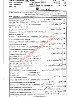 Home Economics 9th Class Past Paper 2024 — Bahawalpur Board cover
