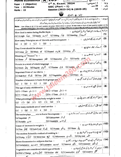Home Economics 9th Class Past Paper 2024 — Bahawalpur Board cover