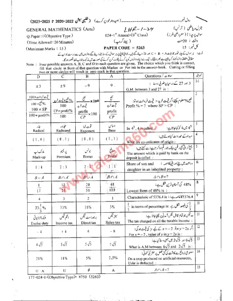 General Mathematics 9th Class Past Paper 2024 — Lahore Board cover