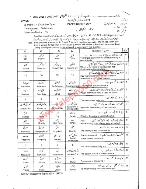 Civics 9th Class Past Paper 2024 — Lahore Board cover