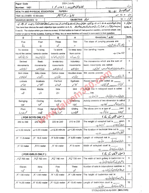 Health and Physical Education 9th Class Past Paper 2024 — Multan Board cover