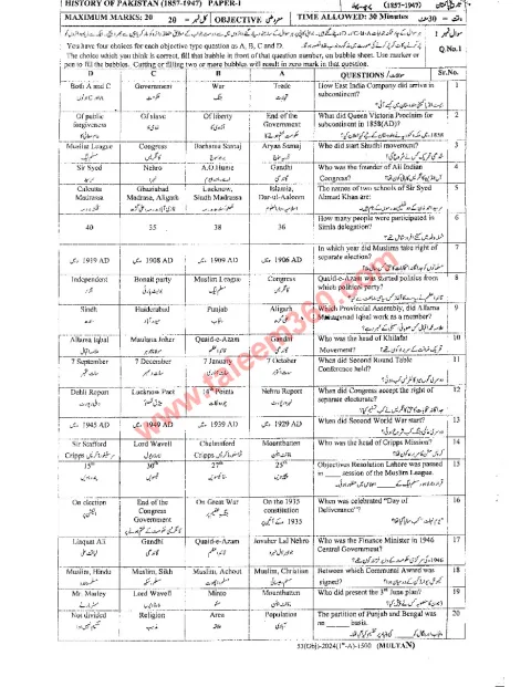 History of Pakistan 11th Class Past Paper 2024 — Multan Board cover