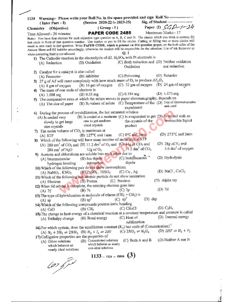 Chemistry 11th Class Past Paper 2024 — Sargodha Board (Group 1) cover