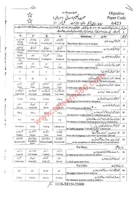 Health and Physical Education 11th Class Past Paper 2024 — Faisalabad Board cover