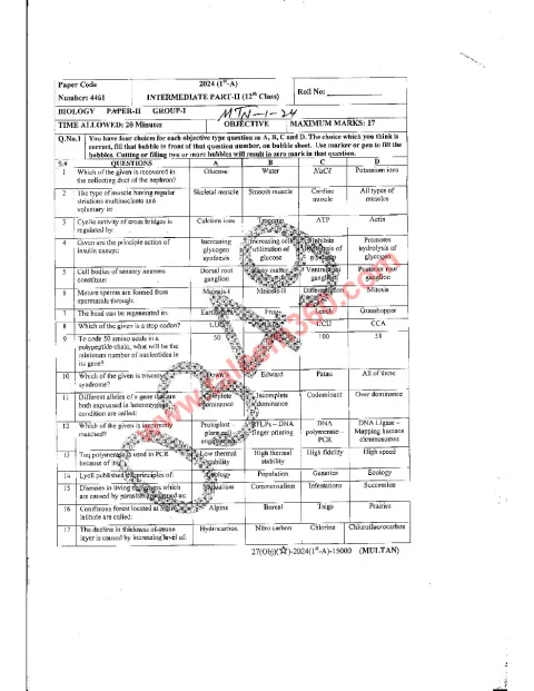 Biology 12th Class Past Paper 2024 — Multan Board cover
