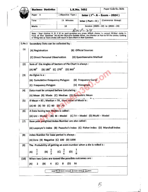 Business Statistics 12th Class Past Paper 2024 — Bahawalpur Board cover