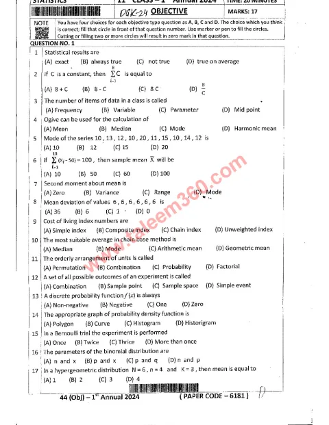 Statistics 11th Class Past Paper 2024 — DG Khan Board cover