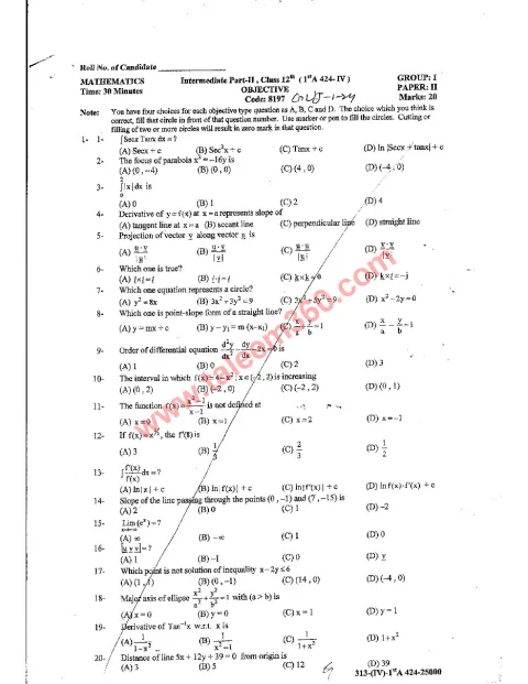 Mathematics 12th Class Past Paper 2024 — Gujranwala Board cover