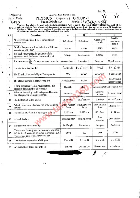 Physics 12th Class Past Paper 2024 — Faisalabad Board cover